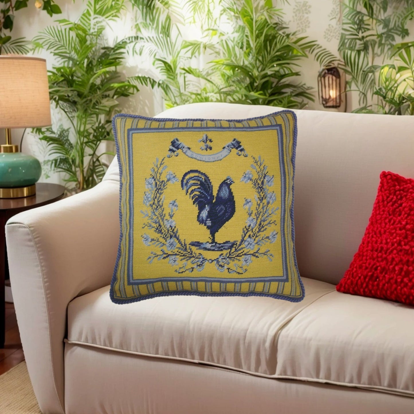 Handmade Wool Needlepoint Pillow Cover - Decorative Throw Cushion Cover - Vintage Floral Embroidery DesignGrosspoint yellow/blue Rooster with cording