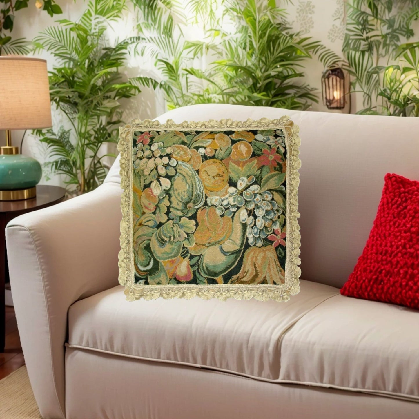 Handmade Wool Needlepoint Pillow Cover - Decorative Throw Cushion Cover - Vintage Floral Embroidery Design  old world fruites with tassels