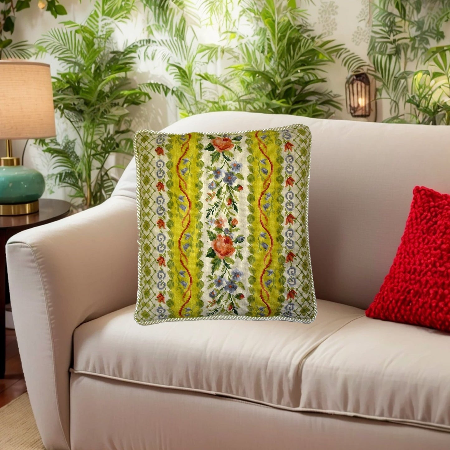 Handmade Wool Needlepoint Pillow Cover - Decorative Throw Cushion Cover - Vintage Floral Embroidery Design All check & flower with ivory cording