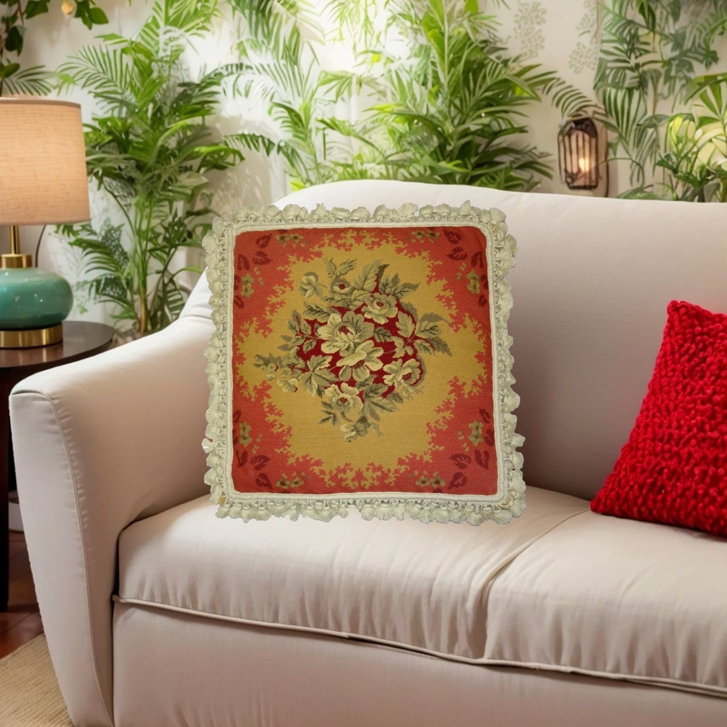 Handmade Wool Needlepoint Pillow Cover - Decorative Throw Cushion Cover - Vintage Floral Embroidery Design All central floral red frame with nature tassels