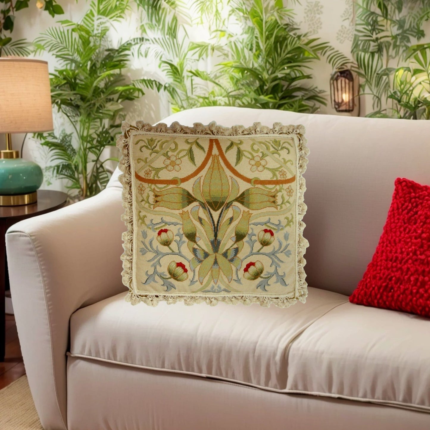 Handmade Wool Needlepoint Pillow Cover - Decorative Throw Cushion Cover - Vintage Floral Embroidery Design All William Morrios bage Old Roses