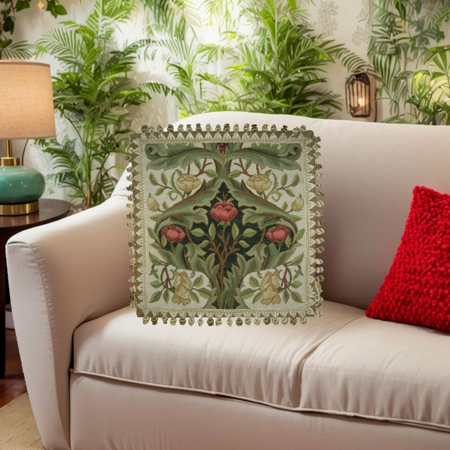 Handmade Wool Needlepoint Pillow Cover - Decorative Throw Cushion Cover - Vintage Floral Embroidery Design  old roses dark green center with tassels