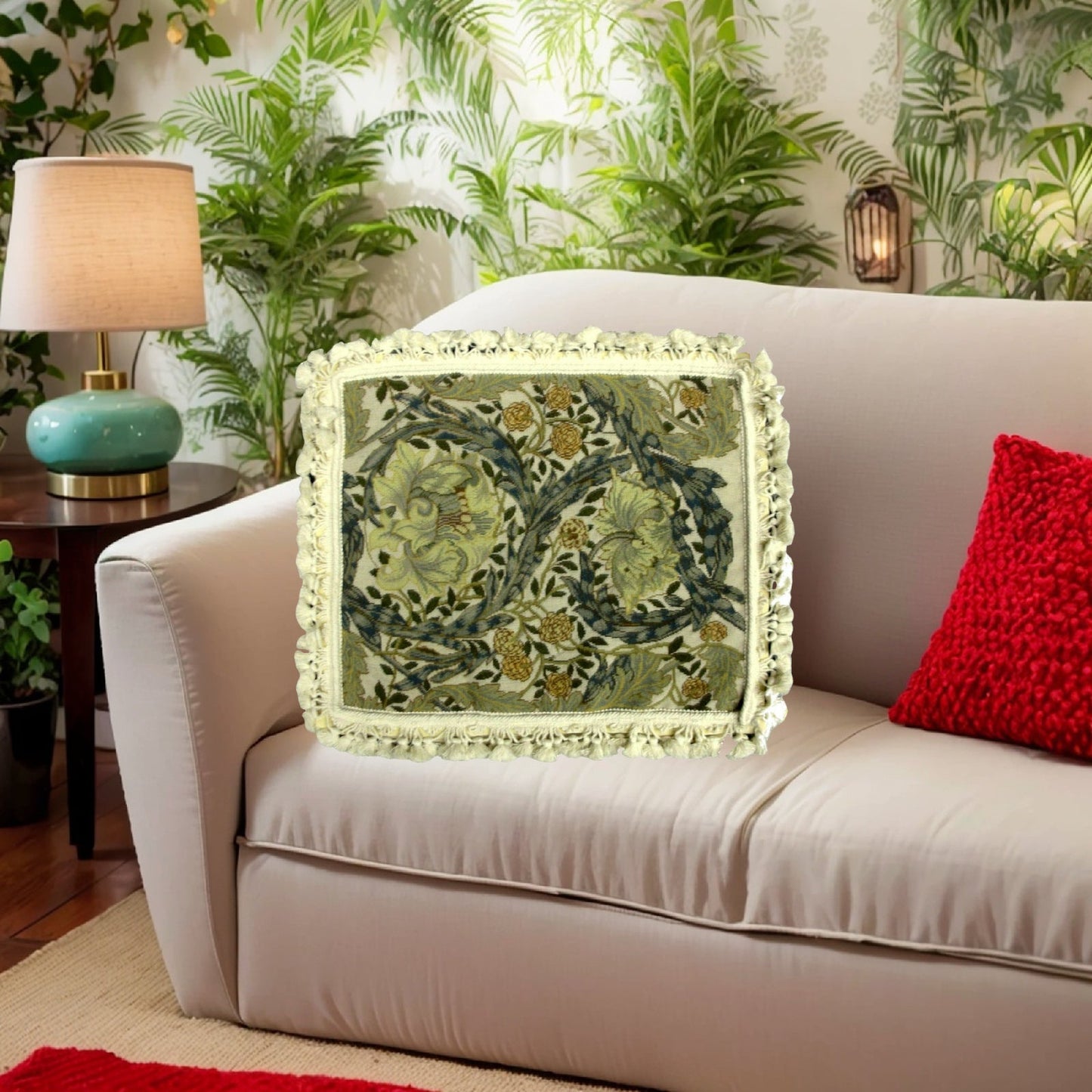Handmade Wool Needlepoint Pillow Cover - Decorative Throw Cushion Cover - Vintage Floral Embroidery Design All William Morris Old World leafs with white tassels