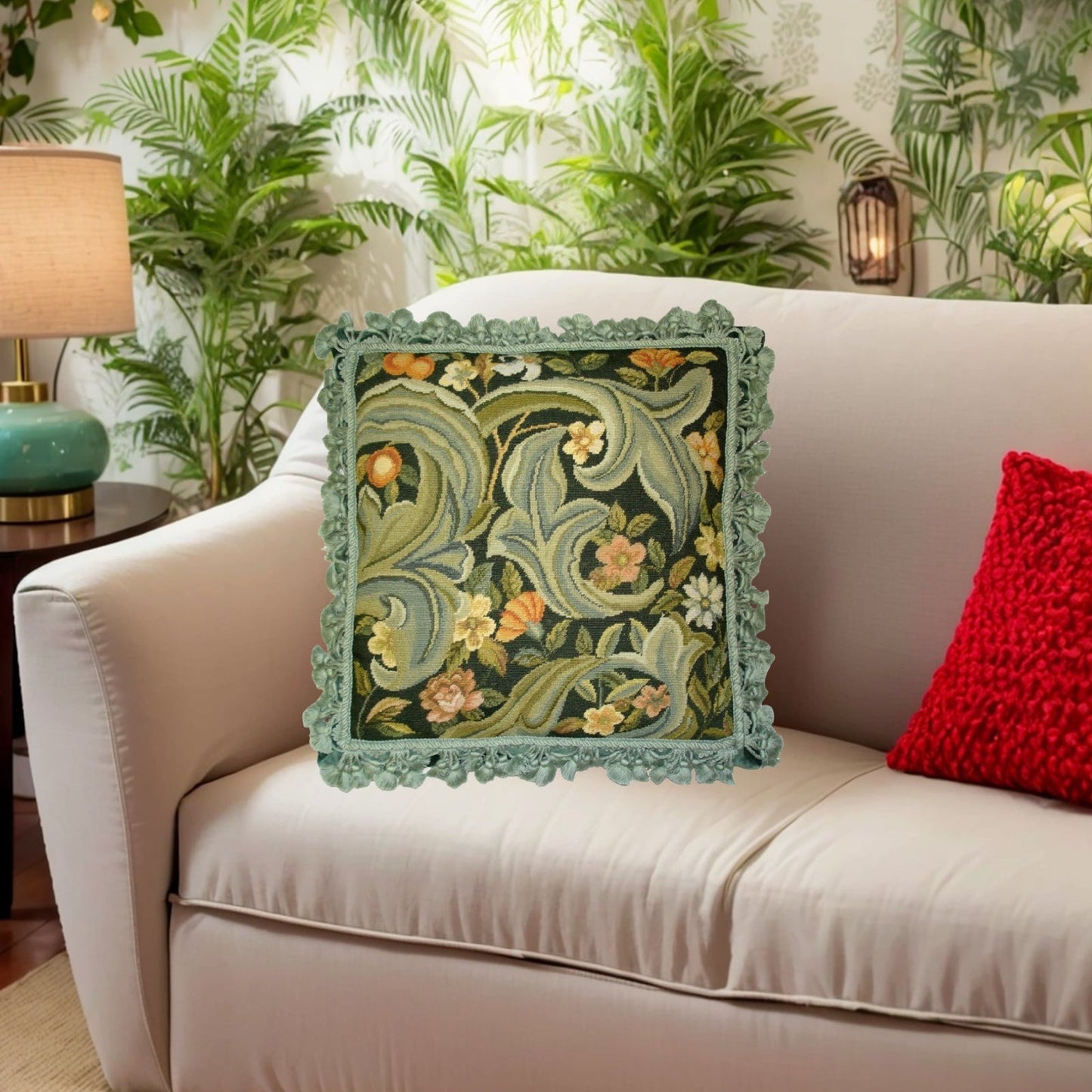 Handmade Wool Needlepoint Pillow Cover - Decorative Throw Cushion Cover - Vintage Floral Embroidery Design All William Morris Old World leafs & flowers with nature tassels
