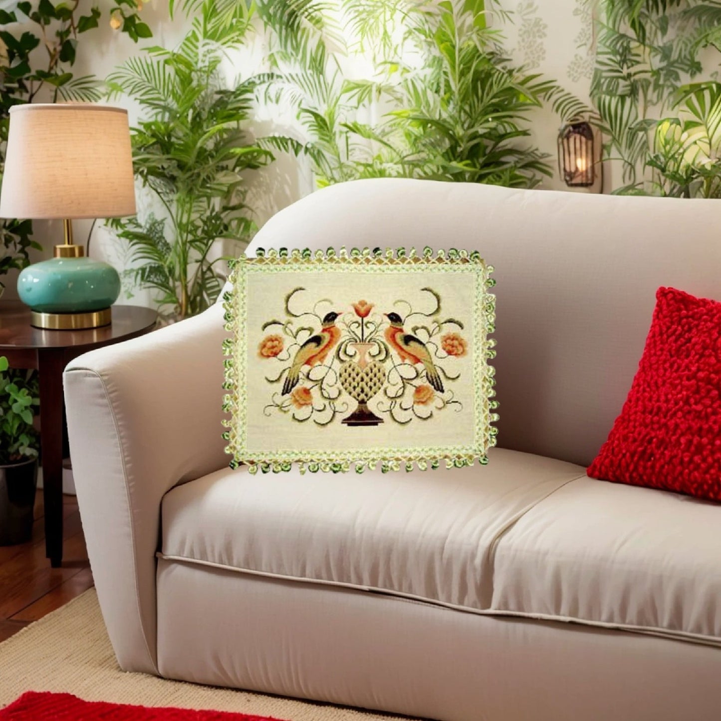 Handmade Wool Needlepoint Pillow Cover - Decorative Throw Cushion Cover - Vintage Floral Embroidery Design 2 birds with 2 color tassels