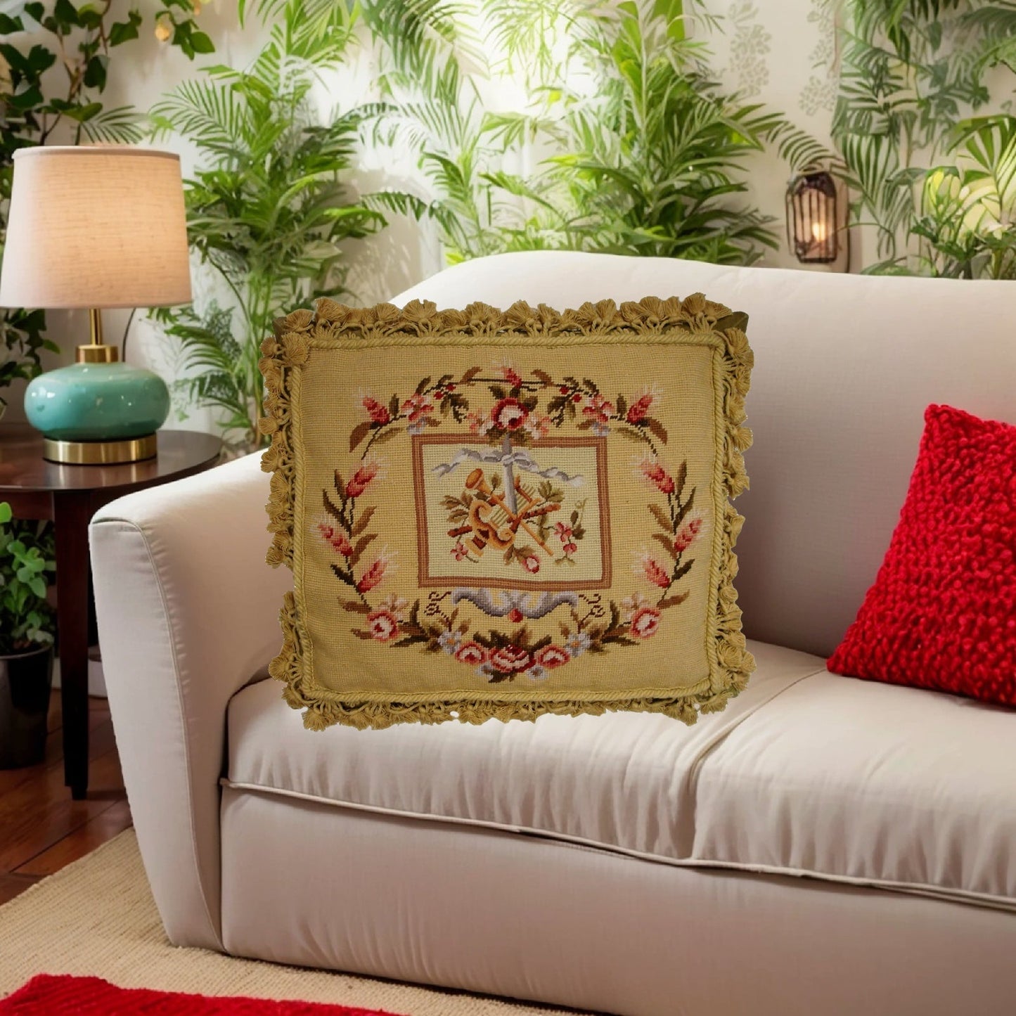 Handmade Wool Needlepoint Pillow Cover - Decorative Throw Cushion Cover - Vintage Floral Embroidery Design Harp background