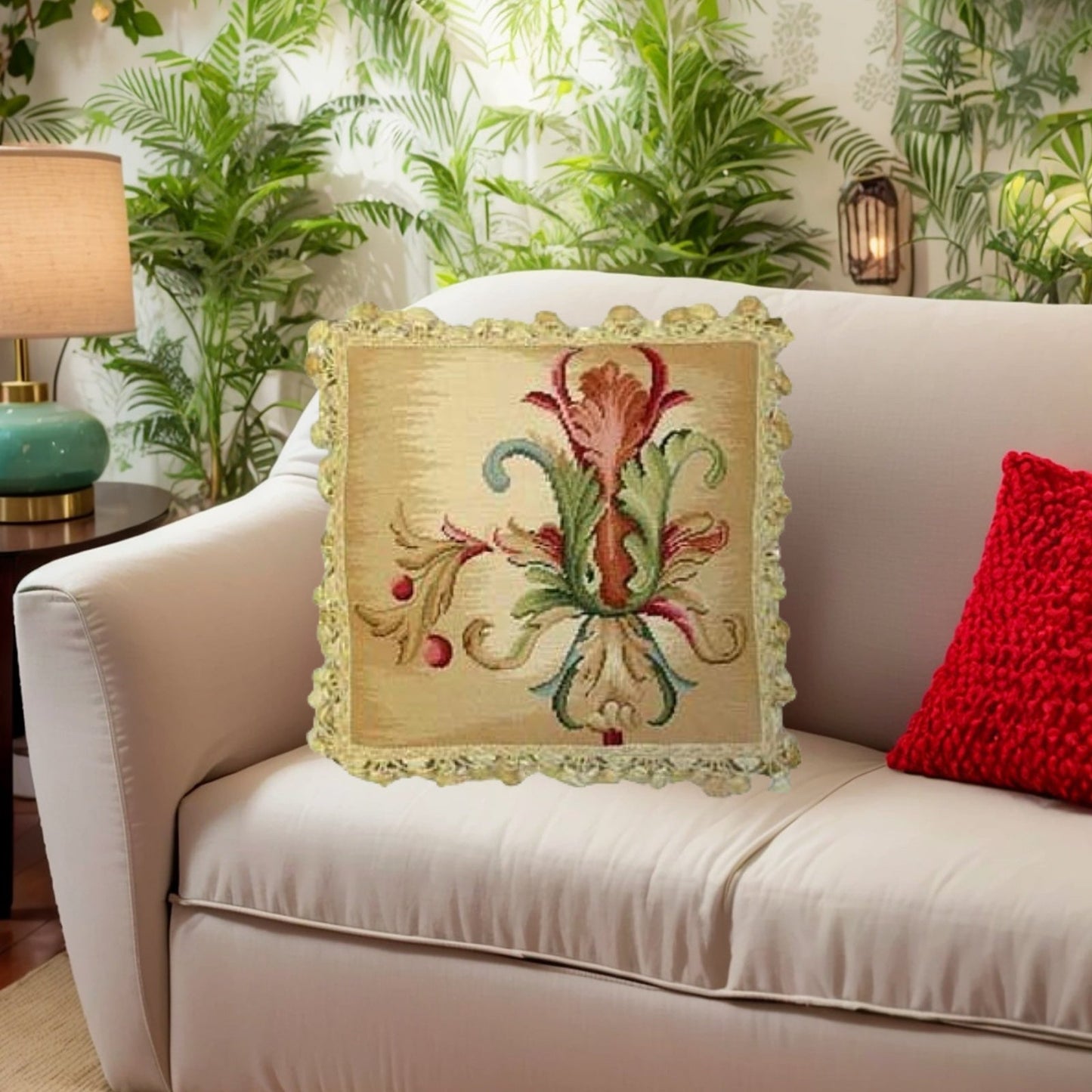 Handmade Wool Needlepoint Pillow Cover - Decorative Throw Cushion Cover - Vintage Floral Embroidery Design  Wheat blooming single with tassels