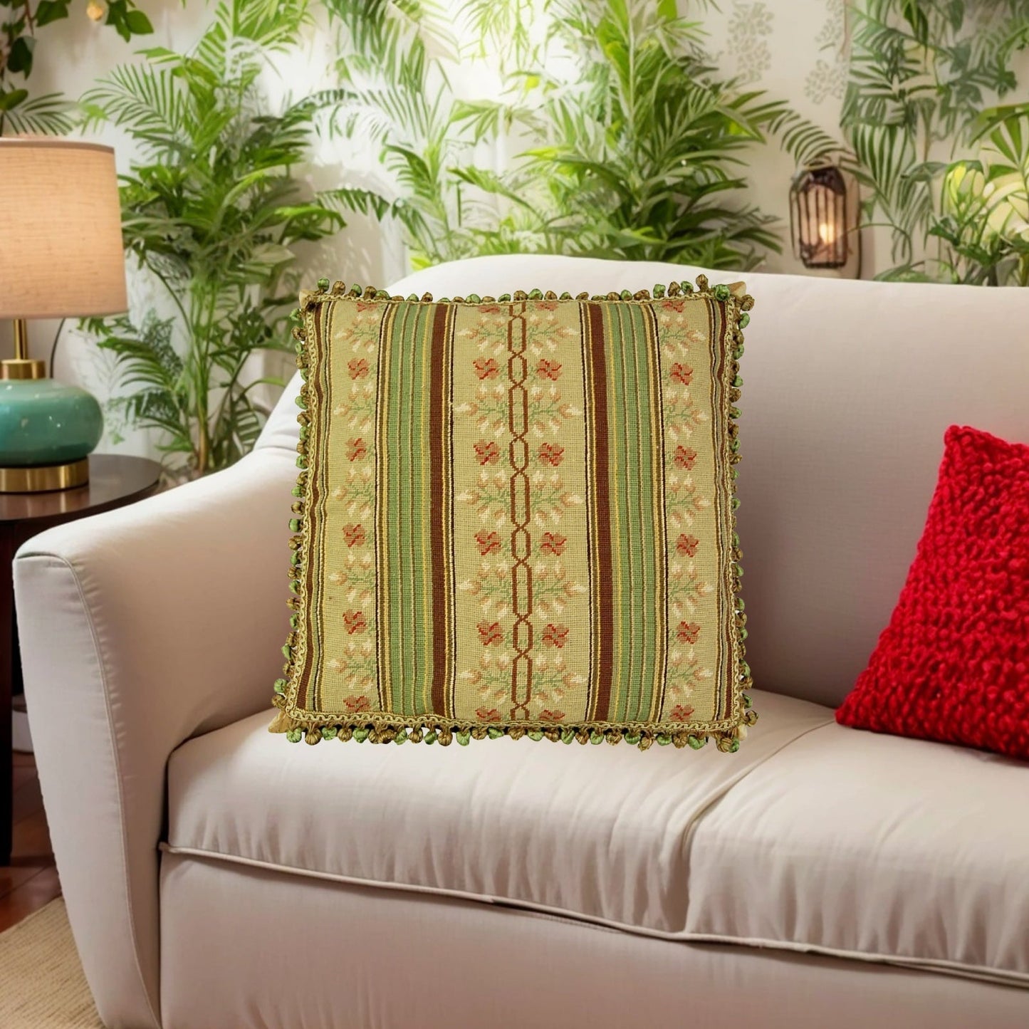 Handmade Wool Needlepoint Pillow Cover - Decorative Throw Cushion Cover - Vintage Floral Embroidery Design green/brown small patten center with 3 color tassels