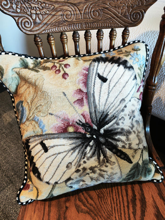 Handmade Wool Needlepoint Pillow Cover - Decorative Throw Cushion Cover - Vintage Floral Embroidery Design - 16x16  Pillow Cover