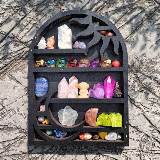Sun & Moon Crystal Shelf – Wooden Celestial Display Shelf, Witchy Altar Decor, Gothic Home Storage, Spiritual Boho Wall Art