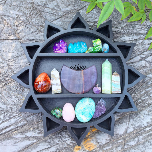 Sun Crystal Shelf – Wooden Celestial Display, Sunburst Altar Shelf, Witchy Room Decor, Boho Spiritual Storage, Sun and Moon Wall Art