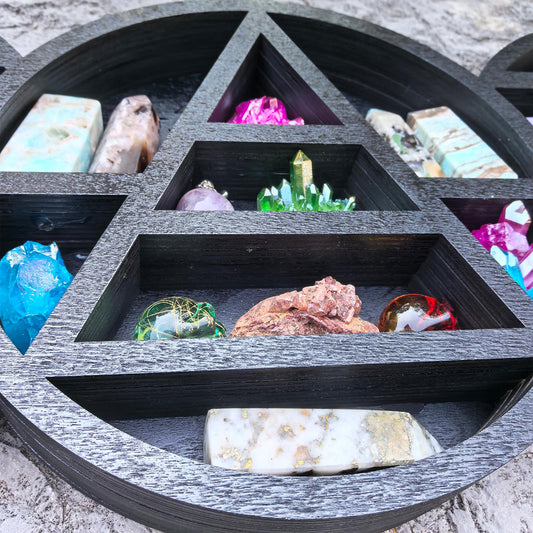 Triple Moon Crystal Shelf – Wooden Witchy Display Shelf, Gothic Altar Decor, Celestial Moon Phase Storage, Spiritual Home Decor