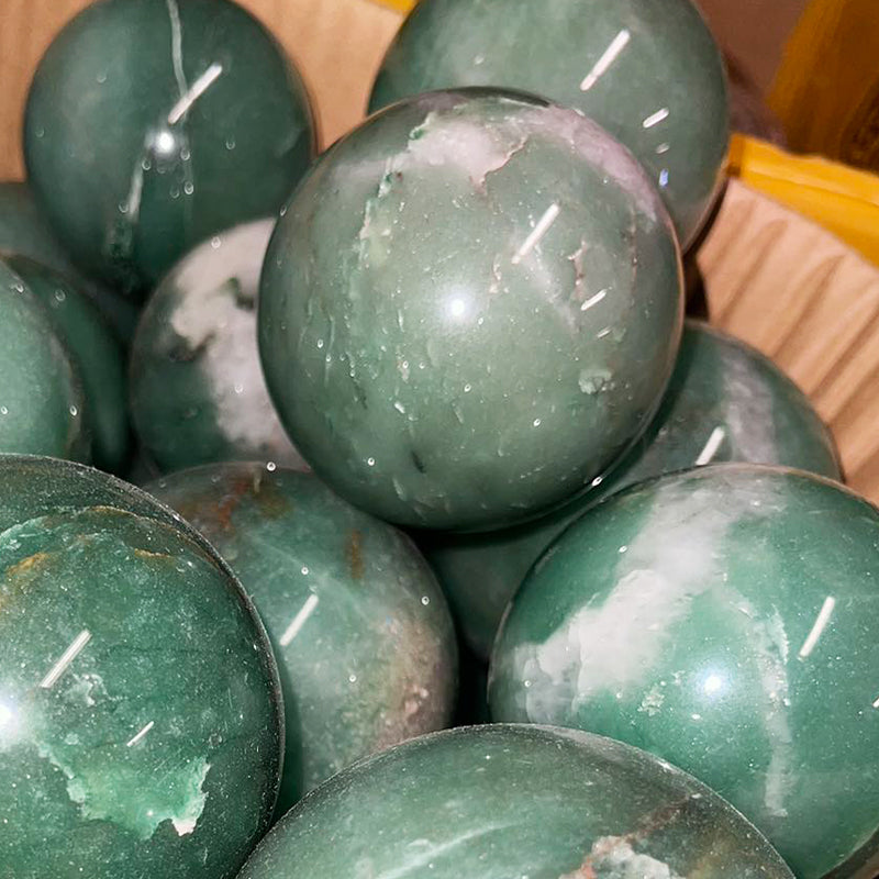 Green Aventurine Sphere 3” with Wooden Stand & Info Card – Heart Chakra Crystal, Luck Stone, Meditation Ball, Gift for Her/Him