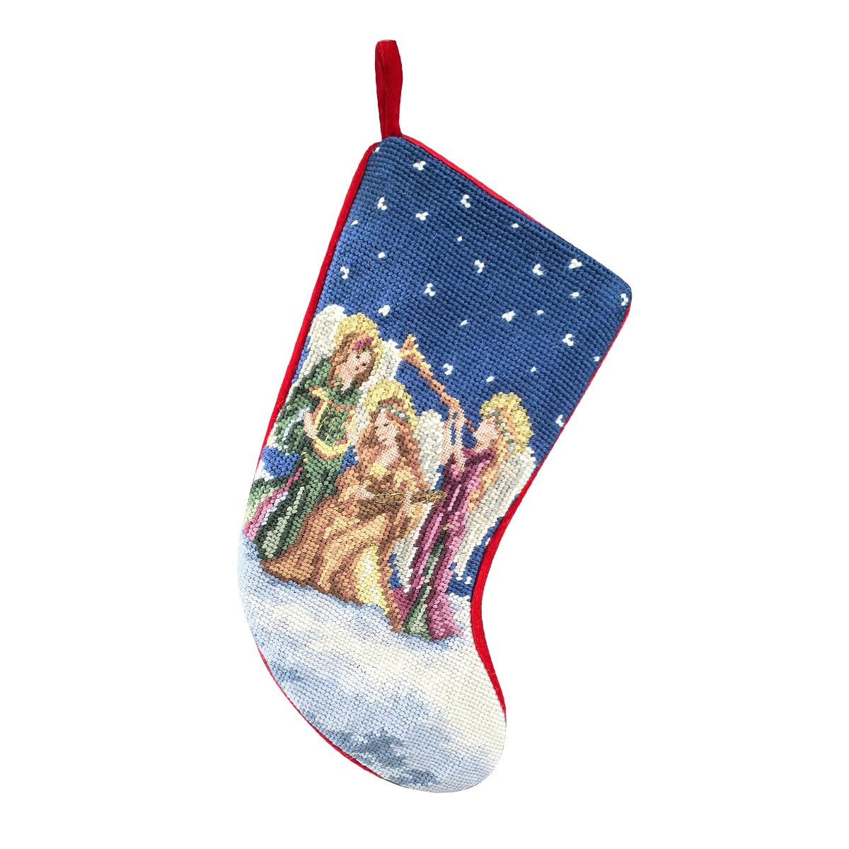 100% Wool Hand-Embroidered Christmas Stocking, 12 x 6 in – Small Handmade Needlepoint Holiday Decoration with Classic Festive Scene