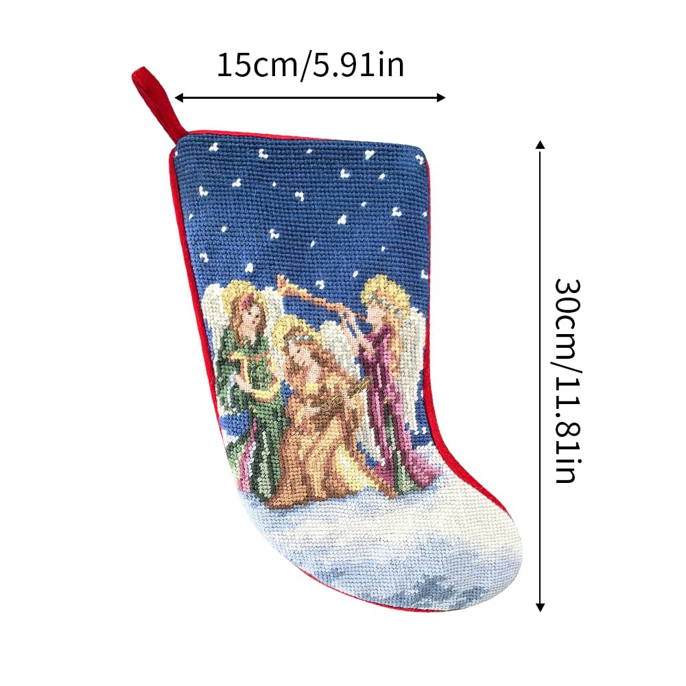 100% Wool Hand-Embroidered Christmas Stocking, 12 x 6 in – Small Handmade Needlepoint Holiday Decoration with Classic Festive Scene