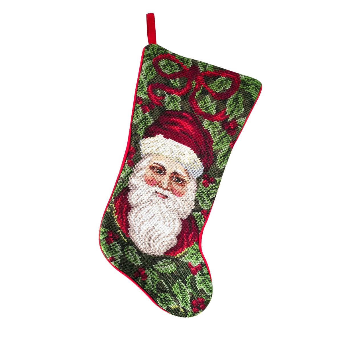Hand-Embroidered Christmas Stocking, 16 x 8 in – 100% Wool Needlepoint Holiday Decoration with Classic Santa Design