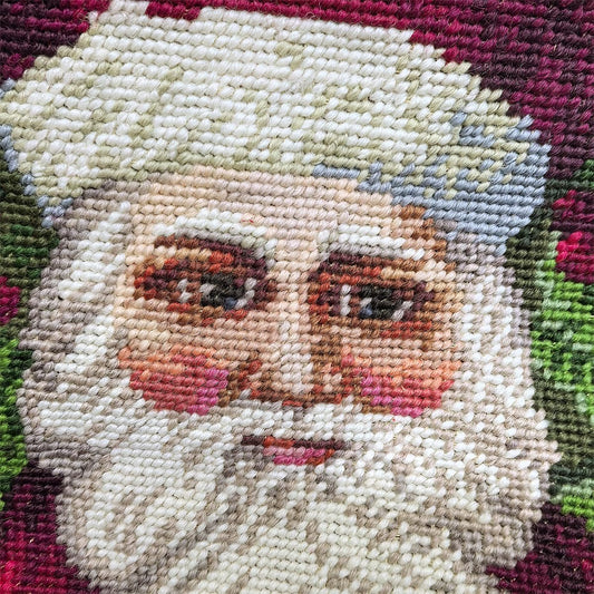 Hand-Embroidered Christmas Stocking, 16 x 8 in – 100% Wool Needlepoint Holiday Decoration with Classic Santa Design