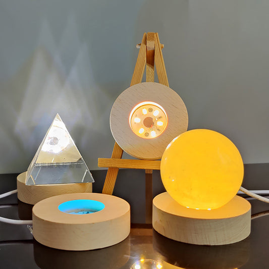7cm Wood Light Base Rechargeable Wooden LED Light Rotating Display Stand Lamp Holder Lamp Base Art with Power adapter