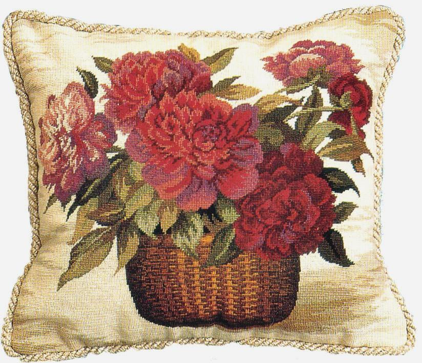 Needlepoint Hand-Embroidered Wool Throw Pillow Exquisite Home Designs  Peoney basket with 2 color cording