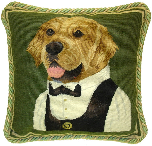 Needlepoint Hand-Embroidered Wool Throw Pillow Exquisite Home Designs  Waiter Retriever with 2 color cording