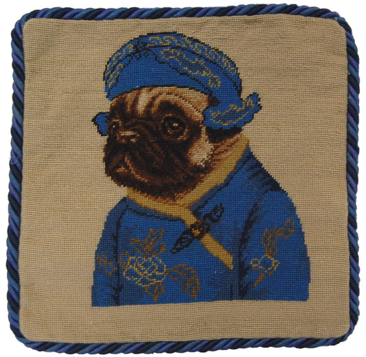 Needlepoint Hand-Embroidered Wool Throw Pillow Exquisite Home Designs  pug boy in blue with 3 color cording