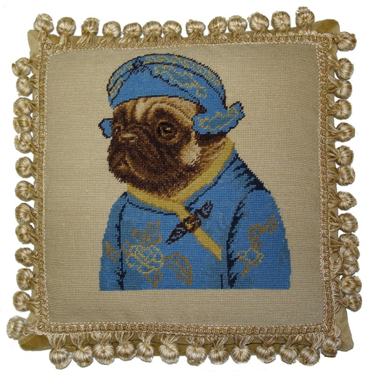 Needlepoint Hand-Embroidered Wool Throw Pillow Exquisite Home Designs  pug boy in blue jacket ware hat with 3 color cording