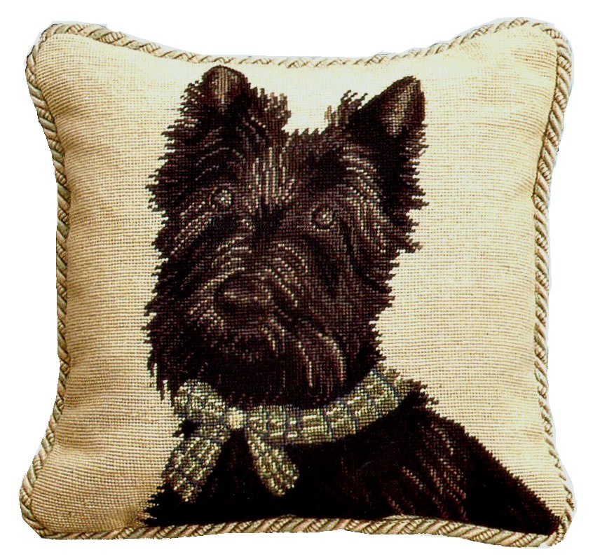 Needlepoint Hand-Embroidered Wool Throw Pillow Exquisite Home Designs  Scottish Terrier with 3 color cording