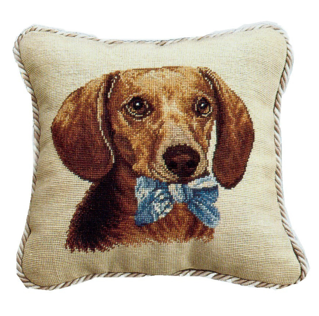 Needlepoint Hand-Embroidered Wool Throw Pillow Exquisite Home Designs  Dachsund with 2 color cording