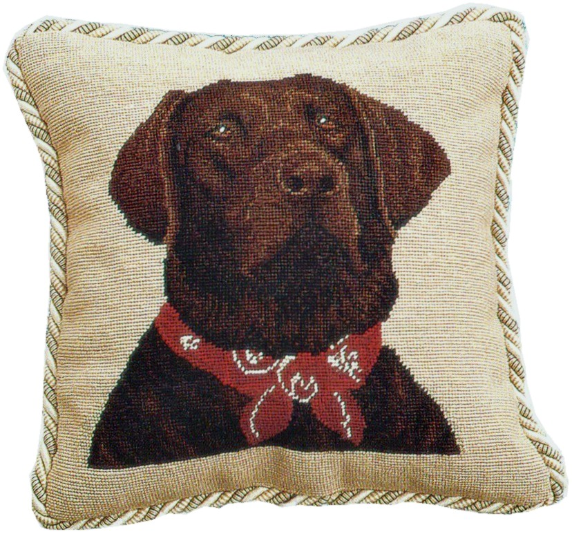 Needlepoint Hand-Embroidered Wool Throw Pillow Exquisite Home Designs  brown Labradorwith 2 color cording