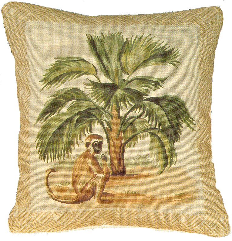 Needlepoint Hand-Embroidered Wool Throw Pillow Exquisite Home Designs 5  long tail monkey & palm tree waved frame 1