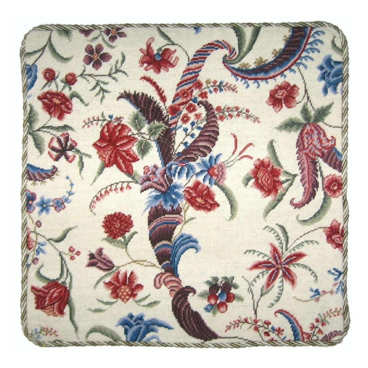 Handmade Wool Needlepoint Pillow Cover - Decorative Throw Cushion Cover - Vintage Floral Embroidery Design  tropical floral with cording 1