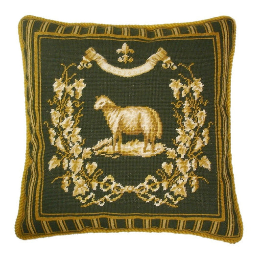 Handmade Wool Needlepoint Pillow Cover - Decorative Throw Cushion Cover - Vintage Floral Embroidery Design Gayle Bighouses Design french country sheep green