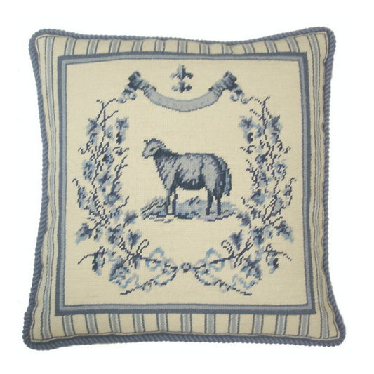 Handmade Wool Needlepoint Pillow Cover - Decorative Throw Cushion Cover - Vintage Floral Embroidery Design Gayle Bighouses design french country sheep blue