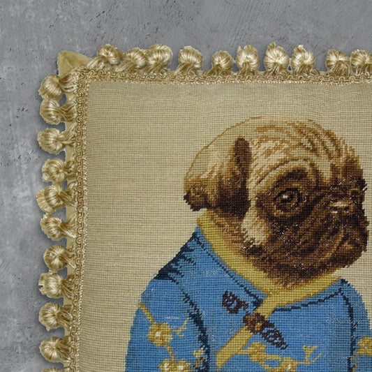 Handmade Wool Needlepoint Pillow Cover - Decorative Throw Cushion Cover - Vintage Floral Embroidery Design  pug girl in blue jacket with 3 color cording