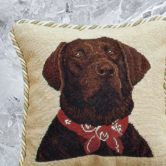 Handmade Wool Needlepoint Pillow Cover - Decorative Throw Cushion Cover - Vintage Floral Embroidery Design  brown Labradorwith 2 color cording