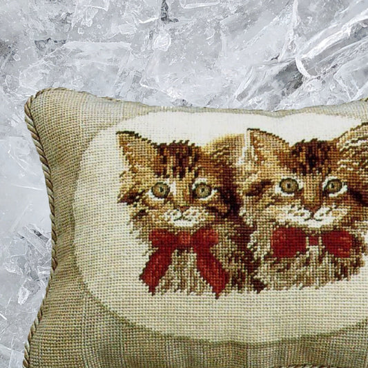 Handmade Wool Needlepoint Pillow Cover - Decorative Throw Cushion Cover - Vintage Floral Embroidery Design  2 brown cats with 2 color cording
