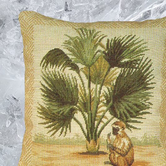 Handmade Wool Needlepoint Pillow Cover - Decorative Throw Cushion Cover - Vintage Floral Embroidery Design 5  long tail monkey & palm tree waved frame