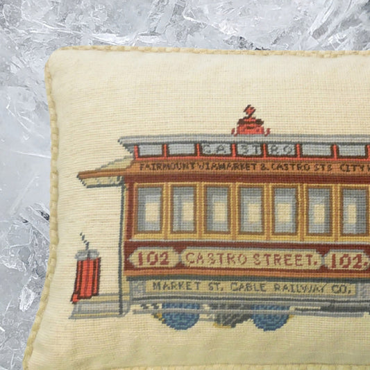 Handmade Wool Needlepoint Pillow Cover - Decorative Throw Cushion Cover - Vintage Floral Embroidery Design SF cable car Fairmount-Market-Castro St-City Hall-Mechanics Pavilion & Ferries checker cording