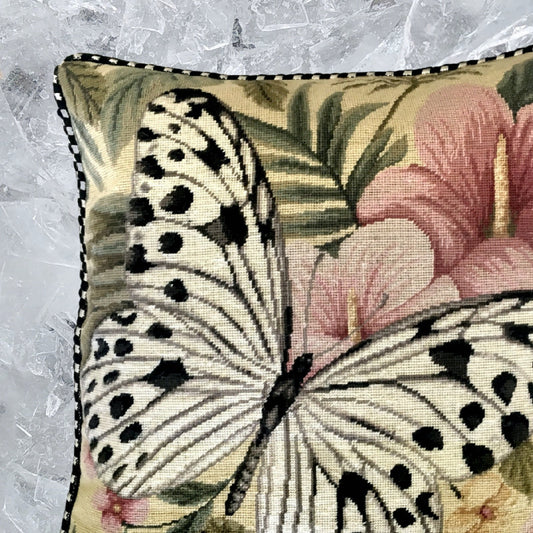 Handmade Wool Needlepoint Pillow Cover - Decorative Throw Cushion Cover - Vintage Floral Embroidery Design  butterfly w/b dark dots & pink flower with cording
