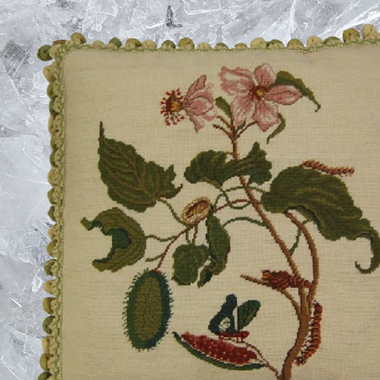 Handmade Wool Needlepoint Pillow Cover - Decorative Throw Cushion Cover - Vintage Floral Embroidery Design  Morning glory butterfly, caterpillars, 2 pink flowers with tassels
