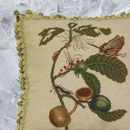 Handmade Wool Needlepoint Pillow Cover - Decorative Throw Cushion Cover - Vintage Floral Embroidery Design background, butterfly, 3 color tassels