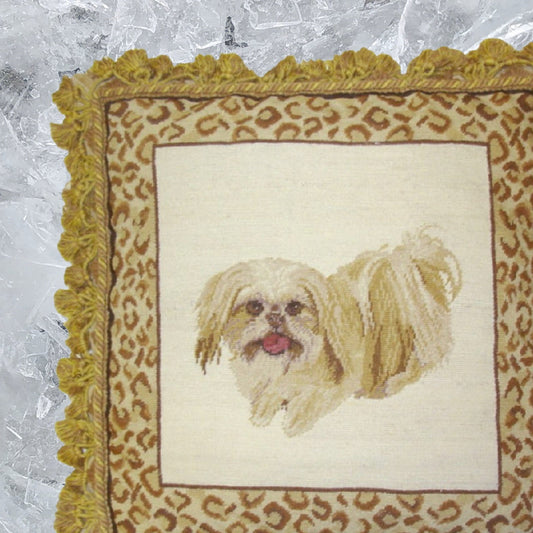 Handmade Wool Needlepoint Pillow Cover - Decorative Throw Cushion Cover - Vintage Floral Embroidery Design  playfully Shih-Tzu with animal print frame 2 color tassels