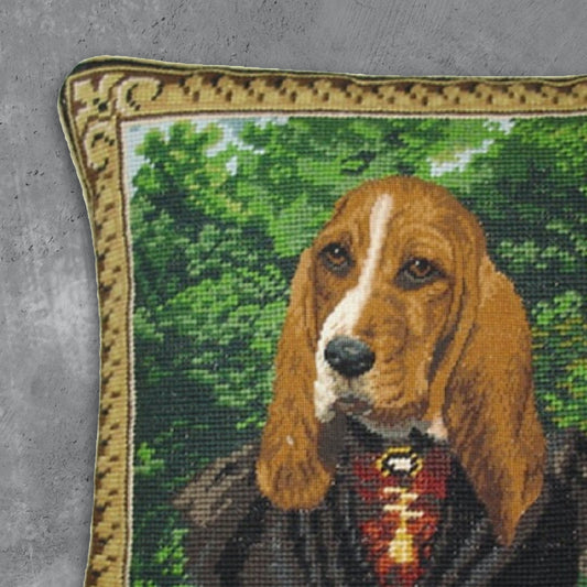 Handmade Wool Needlepoint Pillow Cover - Decorative Throw Cushion Cover - Vintage Floral Embroidery Design Mr Dog