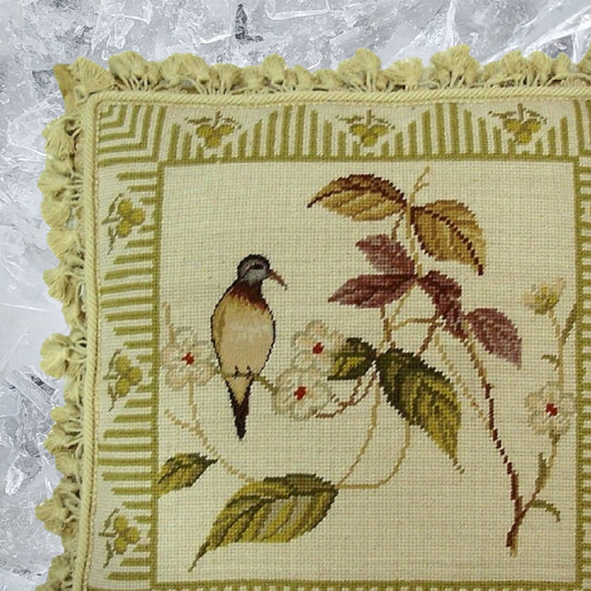 Handmade Wool Needlepoint Pillow Cover - Decorative Throw Cushion Cover - Vintage Floral Embroidery Design 1 Bird & Been flower)