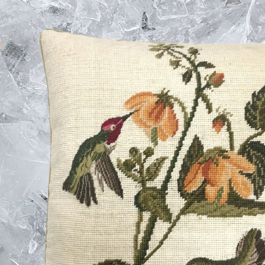 Handmade Wool Needlepoint Pillow Cover - Decorative Throw Cushion Cover - Vintage Floral Embroidery Design 3 humming birds yellow flower