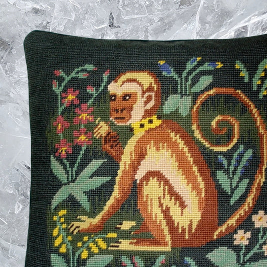 Handmade Wool Needlepoint Pillow Cover - Decorative Throw Cushion Cover - Vintage Floral Embroidery Design monkey hunting green background