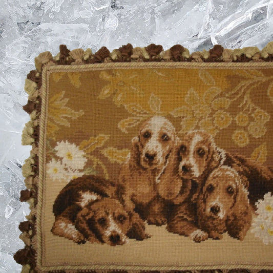 Handmade Wool Needlepoint Pillow Cover - Decorative Throw Cushion Cover - Vintage Floral Embroidery Design 4 Basset Hound  with tassel