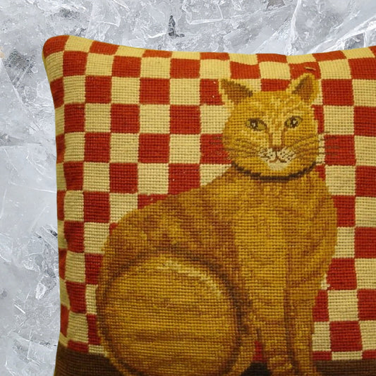 Handmade Wool Needlepoint Pillow Cover - Decorative Throw Cushion Cover - Vintage Floral Embroidery Design with  gold cat red checker