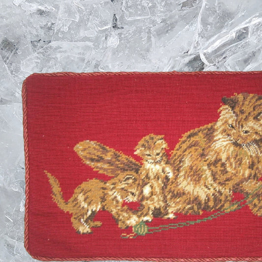 Handmade Wool Needlepoint Pillow Cover - Decorative Throw Cushion Cover - Vintage Floral Embroidery Design  on cats faces rest brown cats in red background with cording