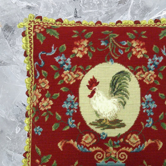 Handmade Wool Needlepoint Pillow Cover - Decorative Throw Cushion Cover - Vintage Floral Embroidery Design chicken floral with tassels